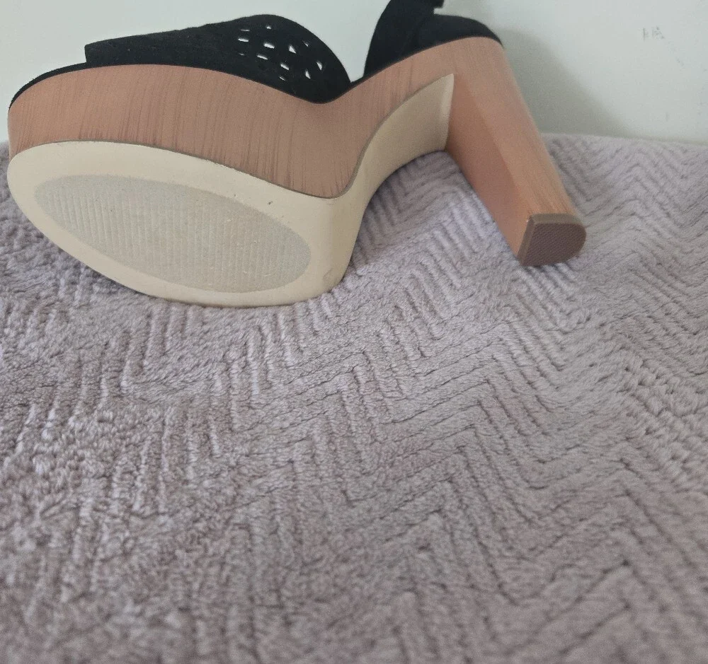 JustFab Black Laser-Cut Suede Platform Sandals with Wood-Effect Heel